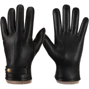 Men's Black Winter Leather Soft Warm Wool Lining Phone Texting Touchscreen Glove